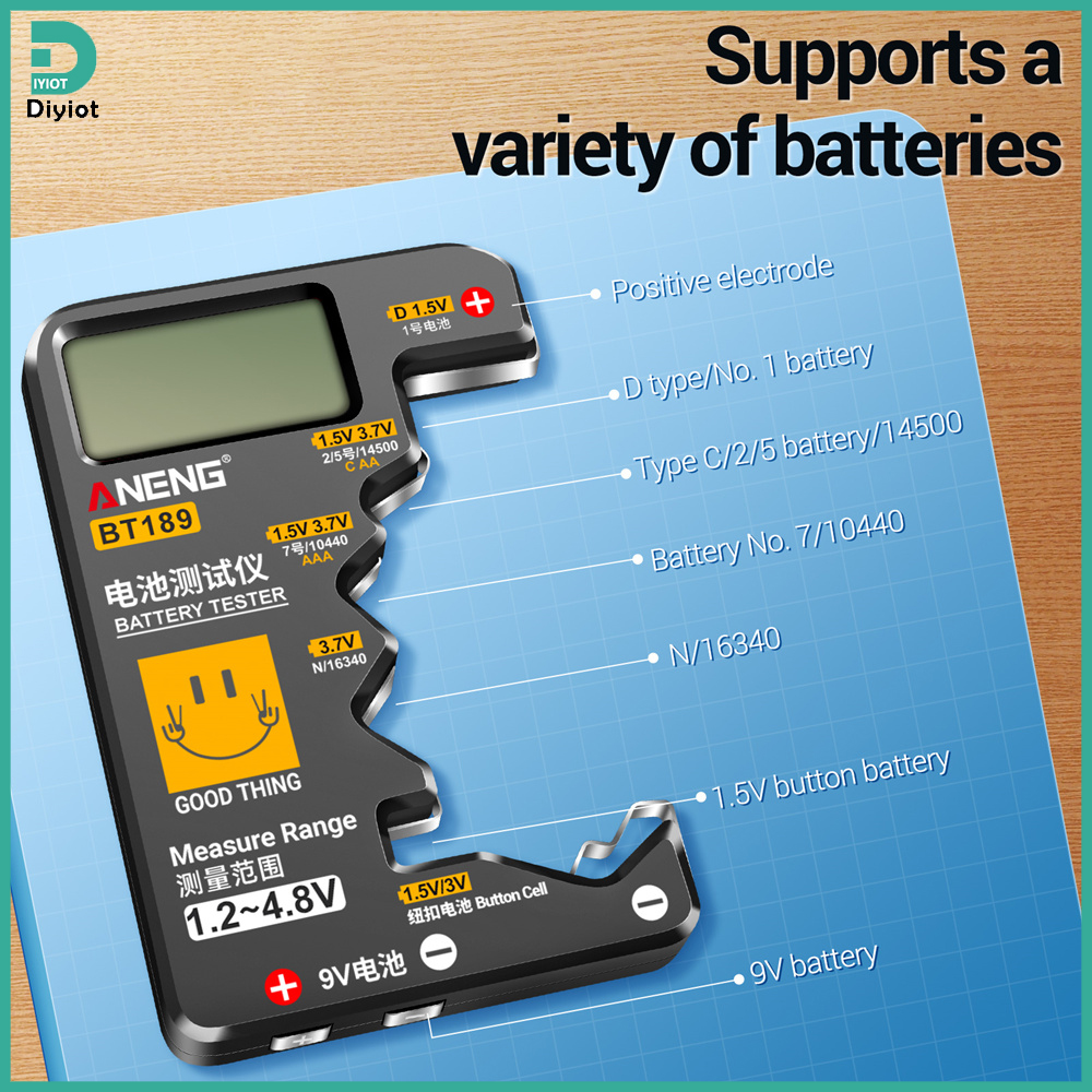Diyiot ANENG BT189 Battery Tester LCD Display Universal Battery Checker for AA AAA 9V 1.5V/3V Button Cell Batteries