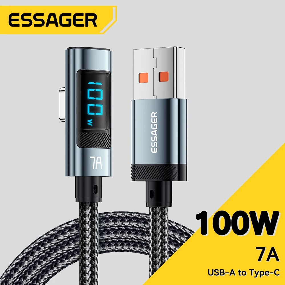 Essager 7A 100W USB C Cáp Sạc Nhanh Màn hình hiển thị kỹ thuật số PD Loại C để Loại C 90 độ khuỷu tay Loại C Cáp cho Huawei mate60 Pro Xiaomi Samsung Vivo dây dữ liệu
