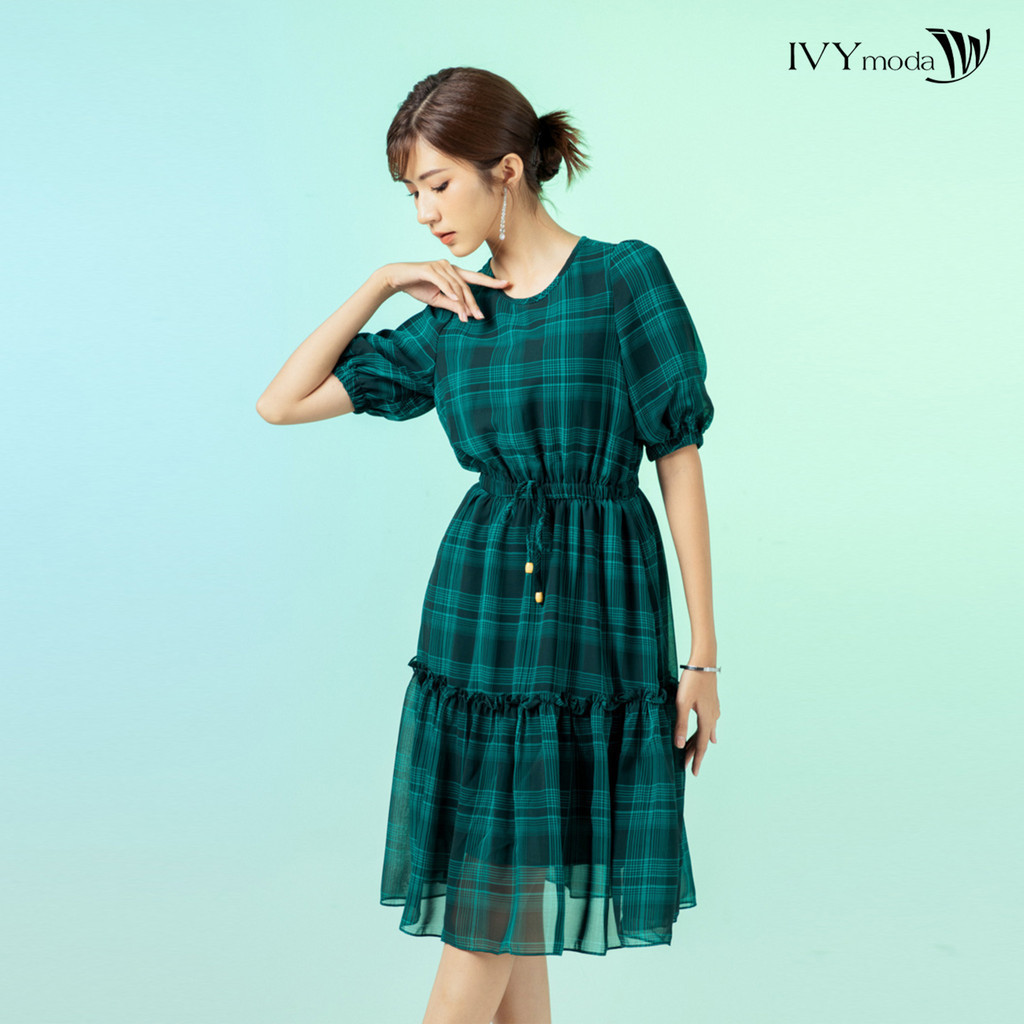 Đầm lụa xòe eo rút dây IVY moda MS 48M7543