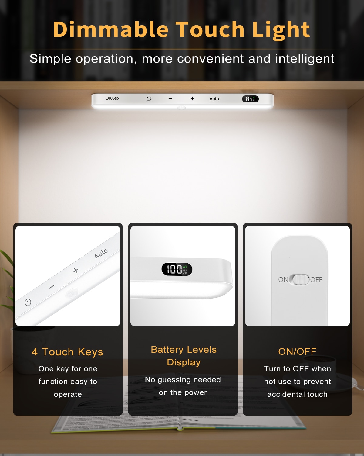WILLED 2 Pack Motion Sensor Cabinet Light Battery Display 60 LED Touch Light Bar Wireless Rechargeable Battery Night Light