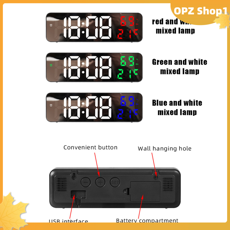 【Opz✨✨】 Đồng hồ treo tường kỹ thuật số LED màn hình lớn đồng hồ báo thức điện tử hiển thị nhiệt độ độ ẩm thời gian treo tường