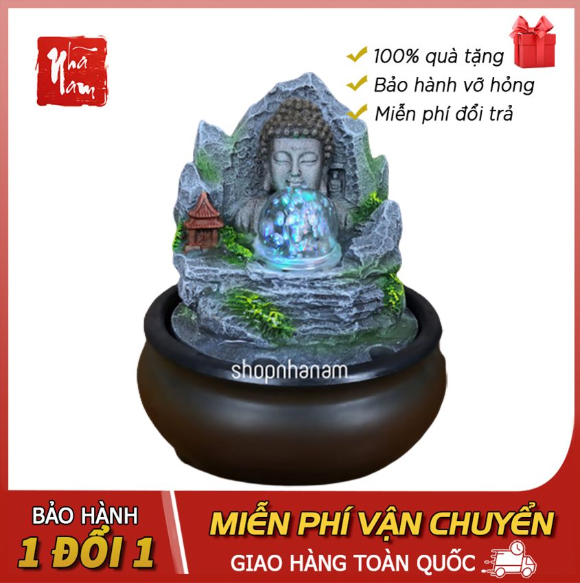 Thác nước phong thủy Đức Phật Tựa Sơn, Trọn bộ phụ kiện quả cầu, máy bơm - Phong Thủy Nhã Nam