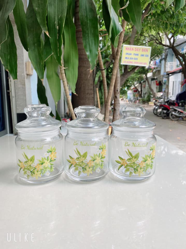 Set 3 hủ thuỷ tinh 500ml in hoa có nắp