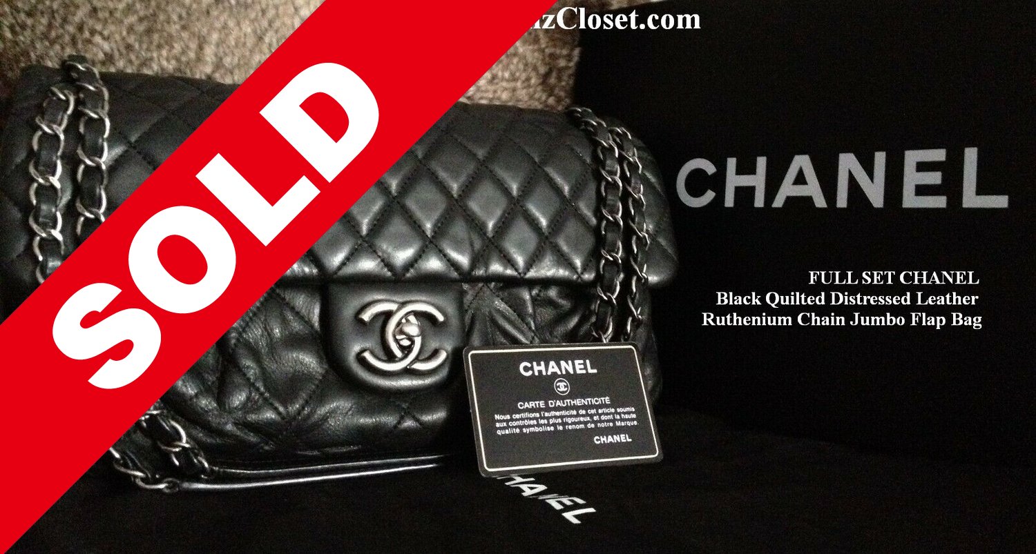 SOLD - FULL SET CHANEL Black Quilted Distressed Leather Ruthenium Chain  Jumbo Flap Bag