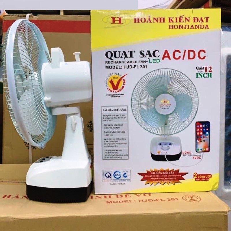 QUẠT SẠC HONJIANDA HJD - FL 301 LED (Lồng xoay)