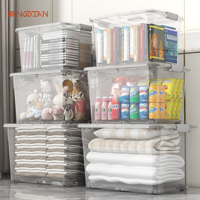 HANGDIAN  【Miễn phí vận chuyển】Hộp lưu trữ trong suốt dày, hộp đựng có nắp lưu trữ Quần áo dung lượng cao hộ gia đình, hộp phân loại nhựa, hộp lưu trữ