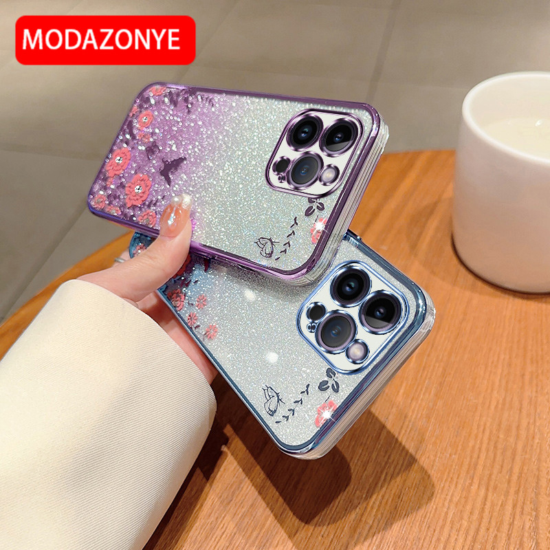 For iPhone 14 Pro Max Phone Case Glitter Bling Flower butterfly Soft Protective Back Cover For iPhone 14 Pro Max Case Girls