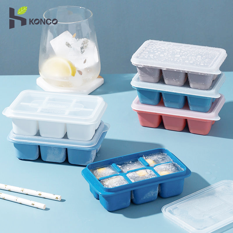 Konco 3 pieces set Silicone Ice cube mold with Lid Ice Tray 6 grids ice maker Easy  demould ice cube tray Silicone ice cream mold household refrigerator ice  box