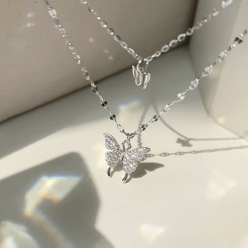 Flash Diamond Butterfly Double Necklace For Women Simple Design Crystal Elegant Wedding Jewelry Gifts. 