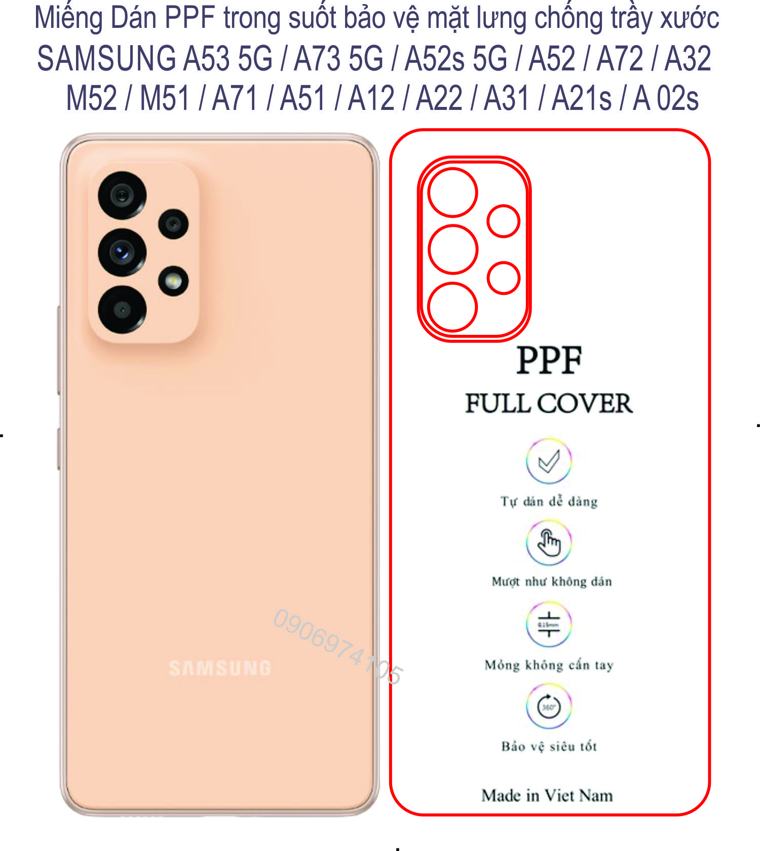 Miếng Dán PPF mặt lưng SAMSUNG A53 5G / A73 5G / A52s 5G / A52 / A72 / M52 / M51 / A12 / A22 / A71 / A51 / A31 / A32...