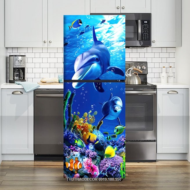 Giấy decal dán tủ lạnh cá heo đại dương - thuthaodecor
