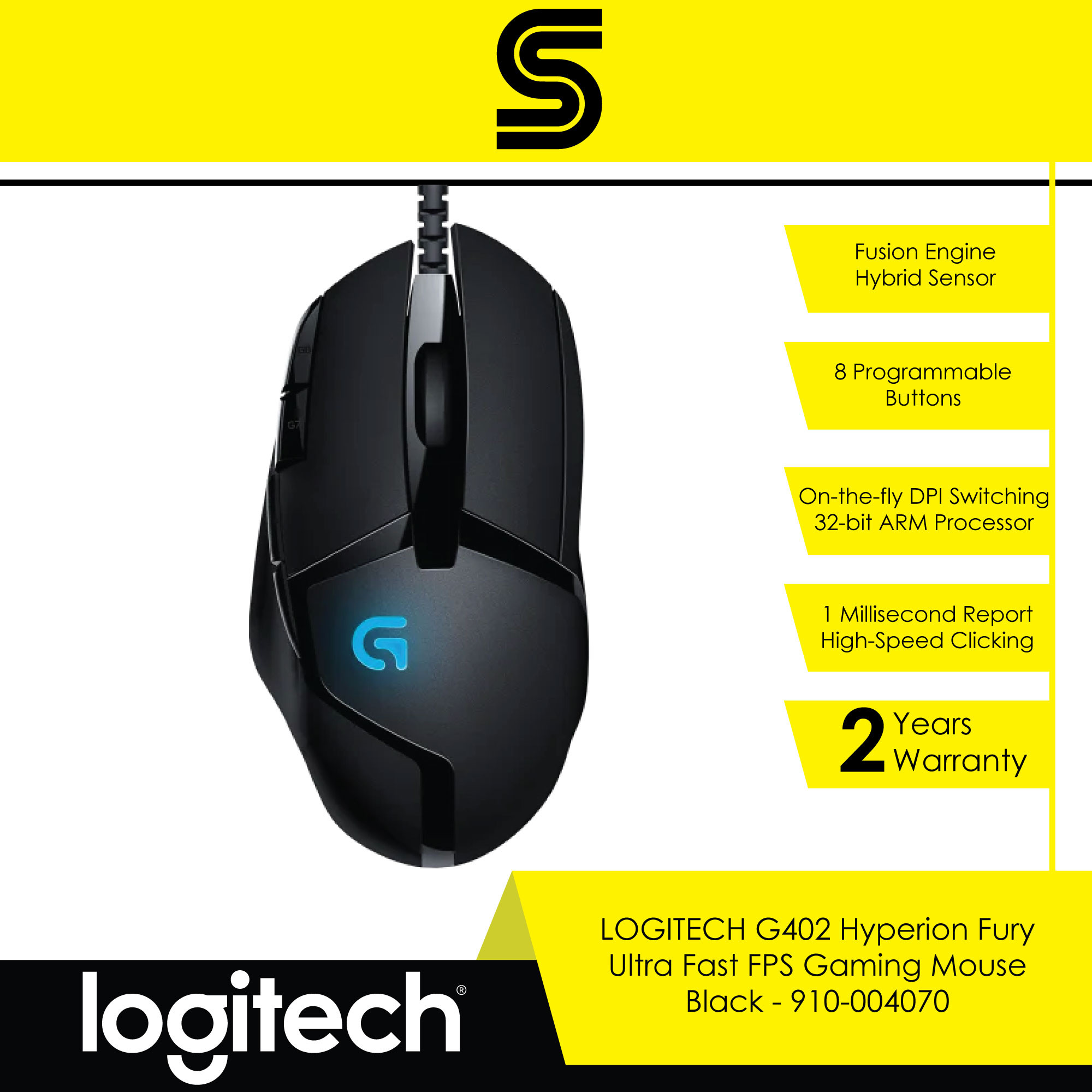 910-004070, Logitech G402 Hyperion Fury FPS Gaming Mouse, USB Type