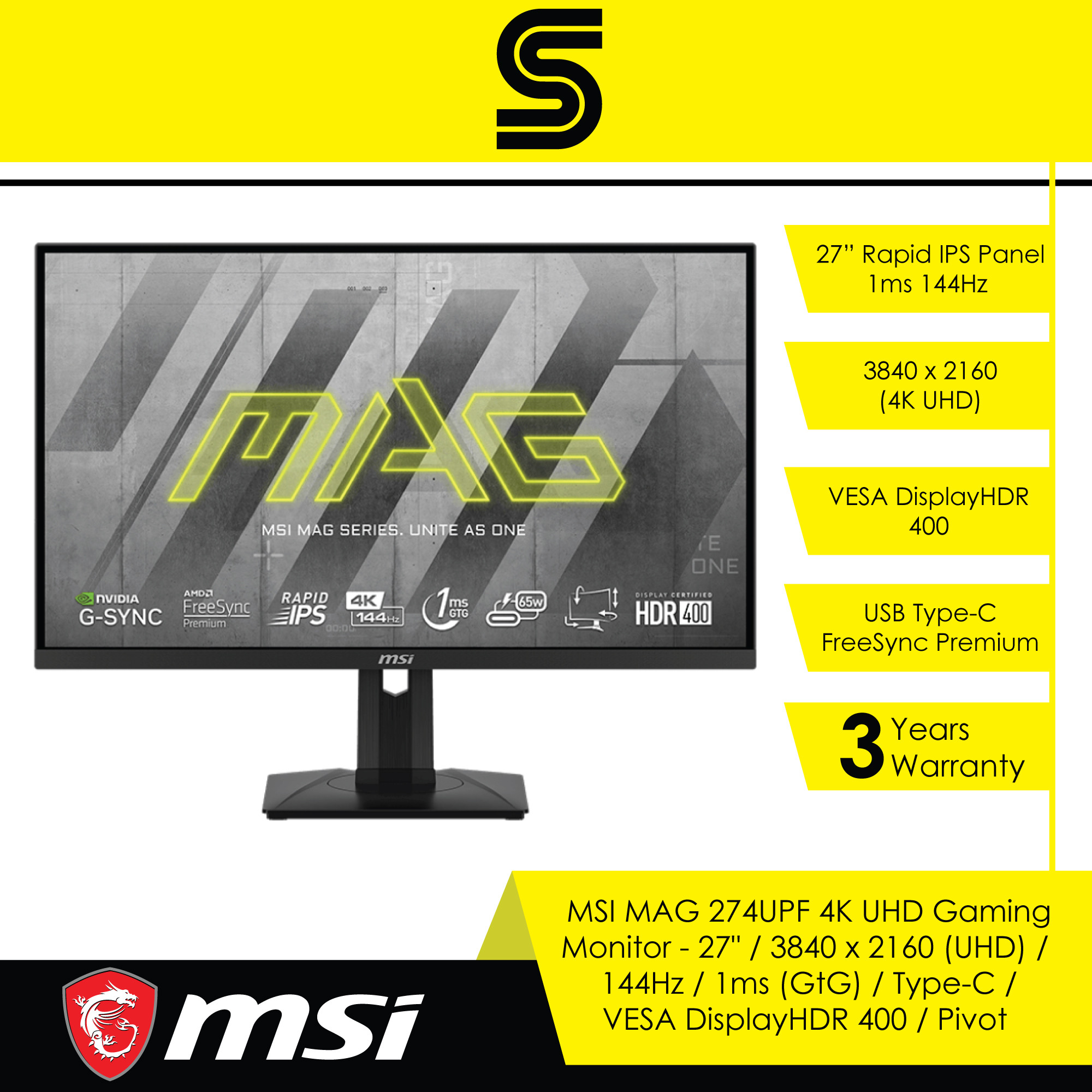 MSI MAG 274UPF 27 LED IPS UltraHD 4K 144Hz FreeSync Premium USB-C