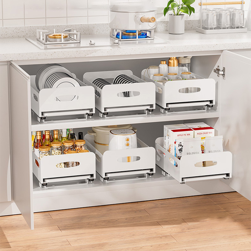 JJT [Miễn Phí Vận Chuyển]Giá đĩa nhà bếp tủ bếp được xây dựng trong Pull-out món ăn tách giá lưu trữ hộ gia đình ngăn kéo Bộ đồ ăn giá giữ ly
