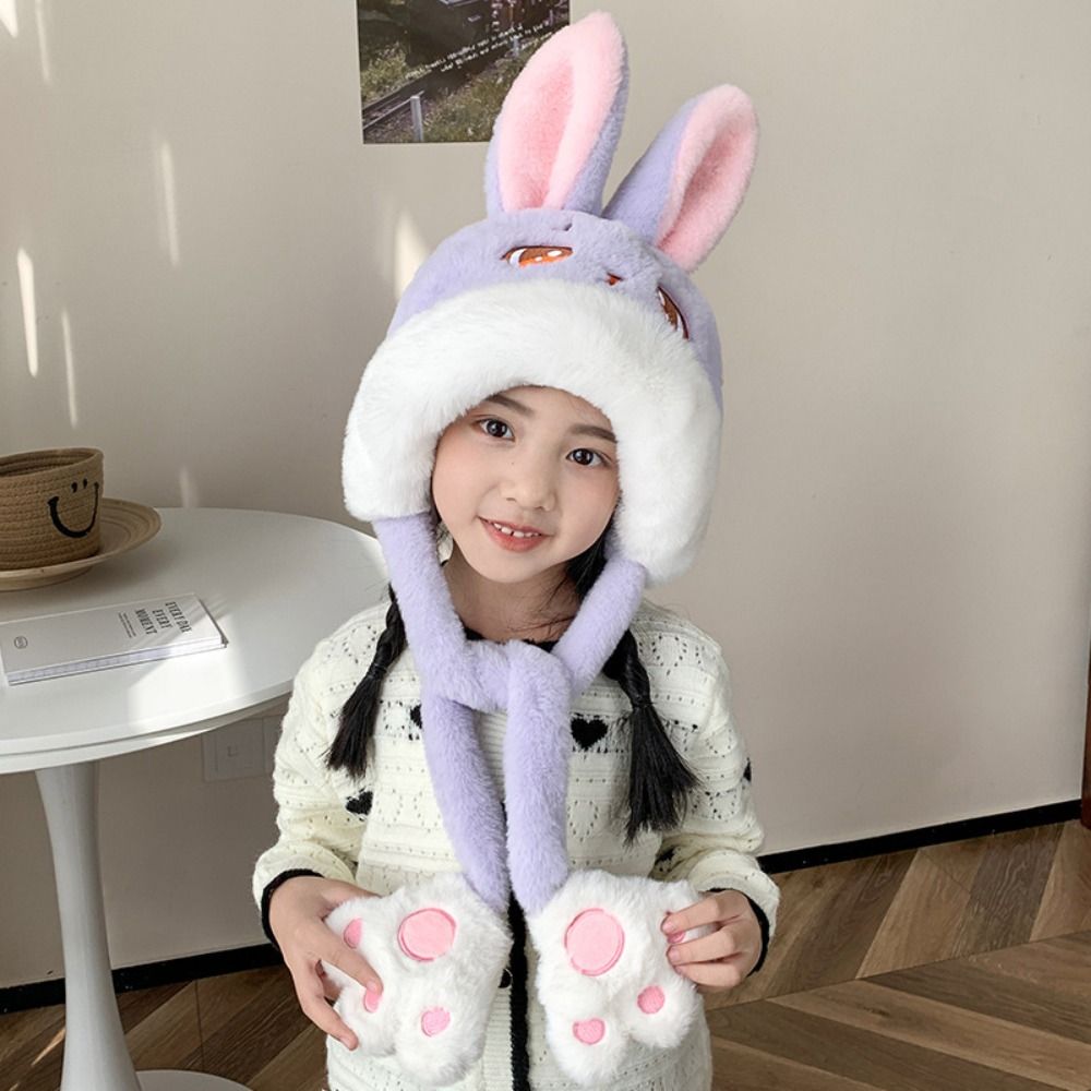 CHANBAEK Thỏ Bộ mũ khăn quàng cổ trẻ em Gấu trúc Mickey Mũ len nhung lông trẻ em Chống gió Chó Mũ mùa đông Bé trai