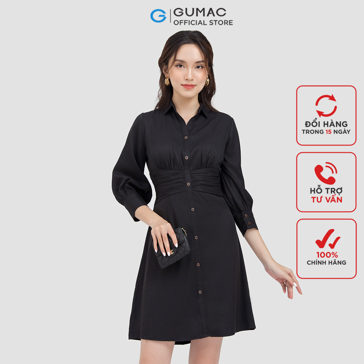 Đầm sơ mi nữ GUMAC DC06011 nhún eo