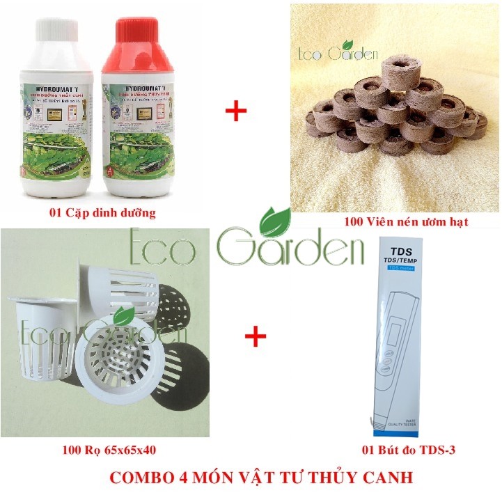 Bộ 4 món vật tư thủy canh (viên nén ươm hạt + rọ thủy canh + dung dịch thủy canh ...)