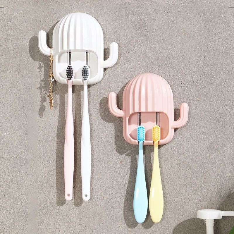 Creative Cactus Shape ABS Toothbrush Holder with Hooks Wall Mounted Toothbrush Storage Rack Bathroom Supplies
