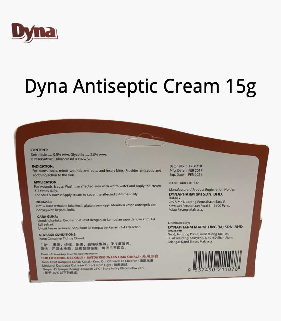 Dyna Antiseptic Cream 15g For Burns Boils Minor Wounds Cuts In Sert Bites Provides Antiseptic Soothing Action To The Skin Lazada Singapore