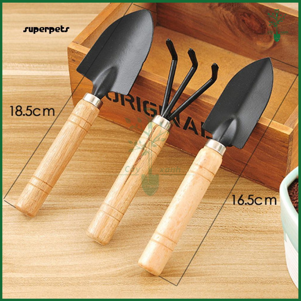 Dụng Cụ Làm Vườn 3 Món Cán Gỗ Mini Loại Nhỏ