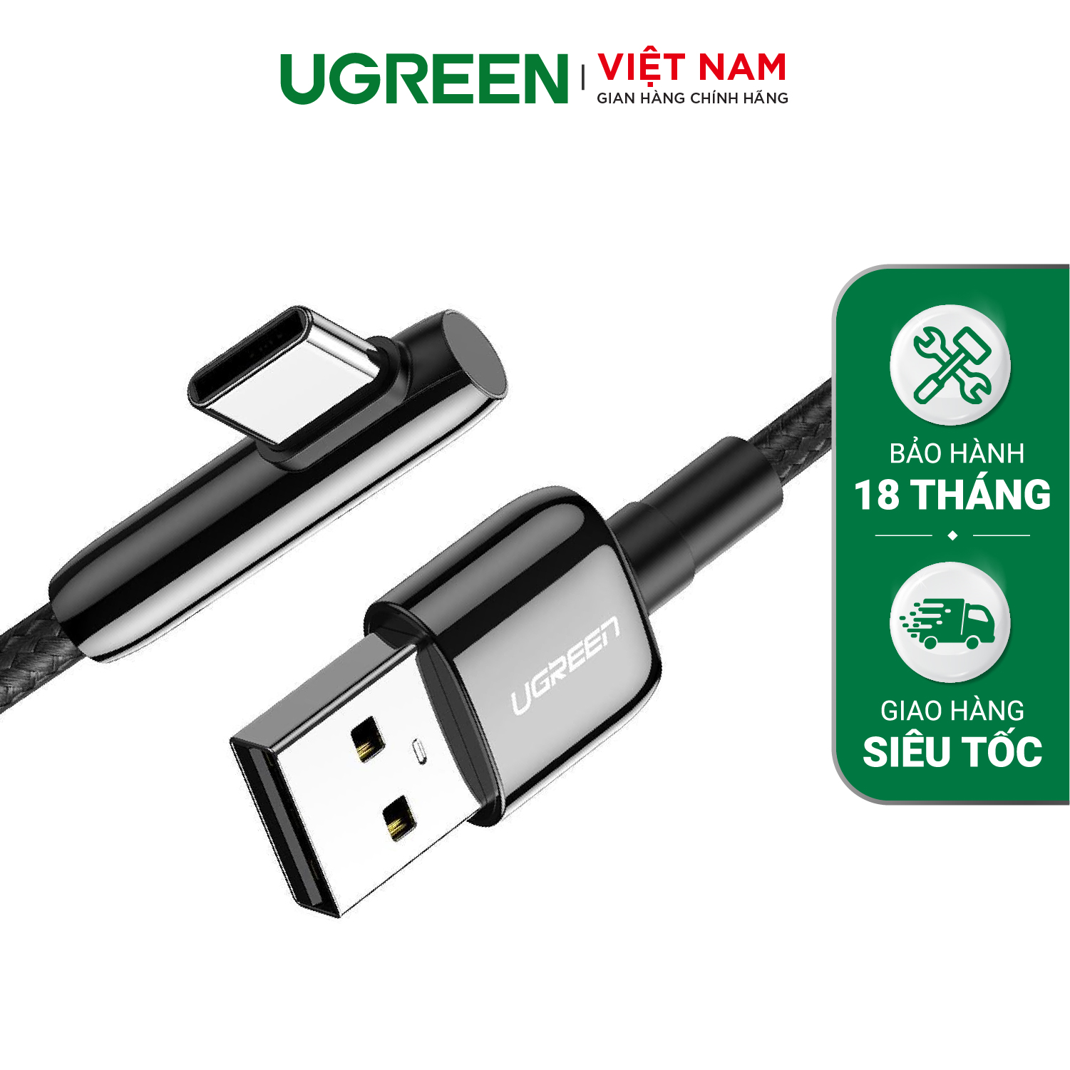 Cáp sạc Type-C UGREEN US313 Sạc nhanh QC 2.0 3.0 Dòng 3A - Đầu vẻ vuông góc chống gập gãy - Hàng phân phối chính hãng - Bảo hành 18 tháng 1 đổi 1