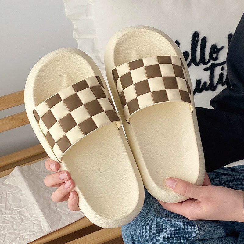 dép nữ đế cao su bánh mỳ 3,5cm quai ngang kẻ caro bắt mắt