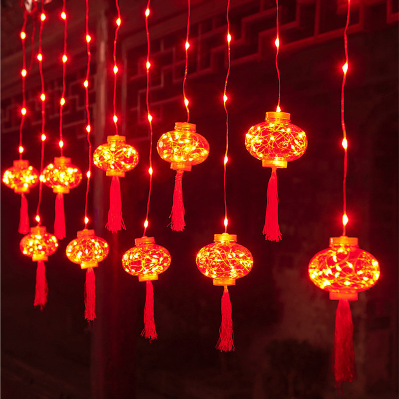 KAIMEIDI New Year LED Red Lantern Curtain Light Solar Light Spring Festival Festive Room Window Decoration Copper Wire Color Light String