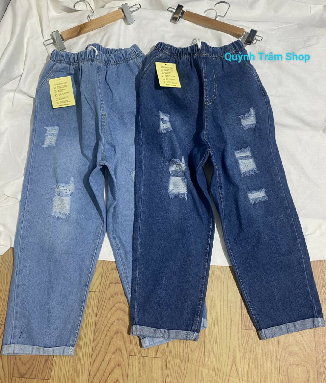 Quần Baggy Jean Nữ Lưng Thun Mẫu Rách Xăn Lai Màu Đậm Có Size Lớn