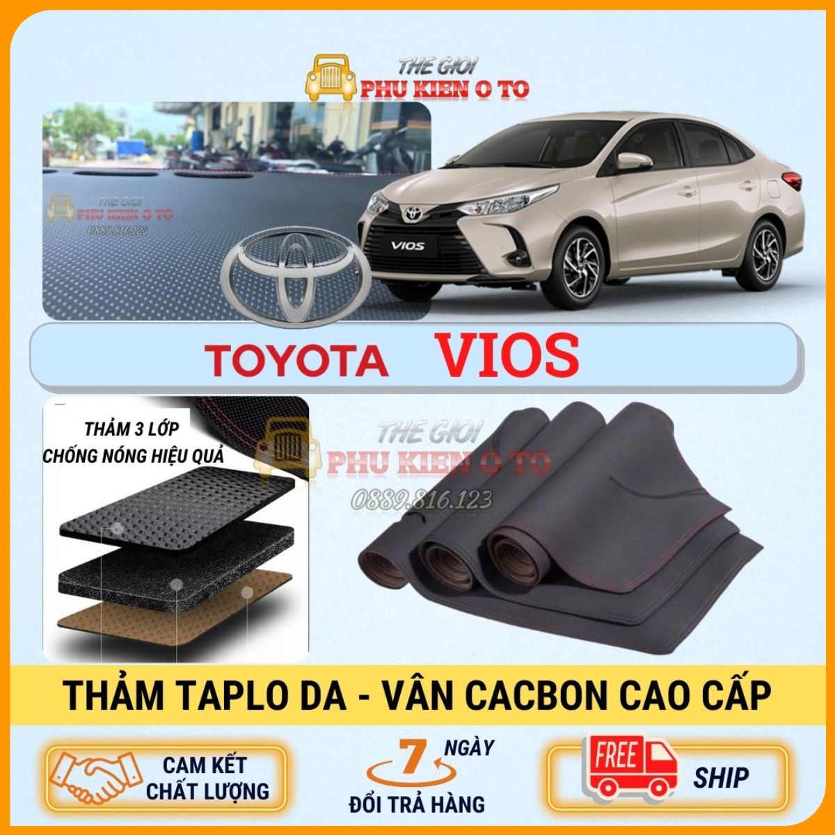 Thảm taplo Toyota Vios 2014 - 2022 da Cacbon 3 lớp cao cấp, chống nóng cho xe ô tô hiệu quả