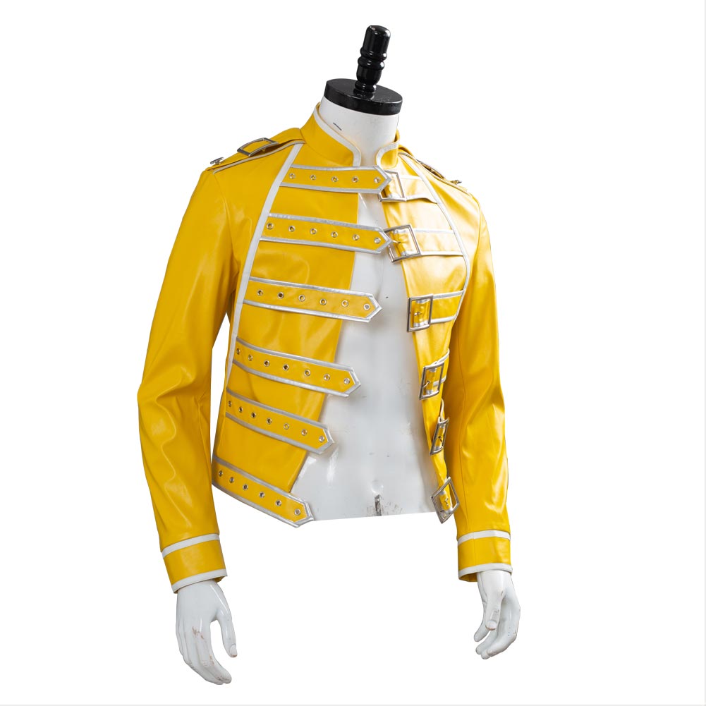 Queen Lead Vocals Freddie Mercury Cosplay Costume Adult Men Women Yellow  Jacket Coat Halloween Carnival 