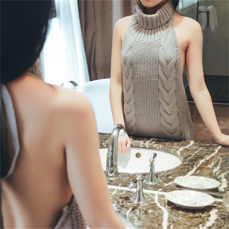 Áo len cộc tay cao cổ Áo Len Hở lưng nữ tính NICK