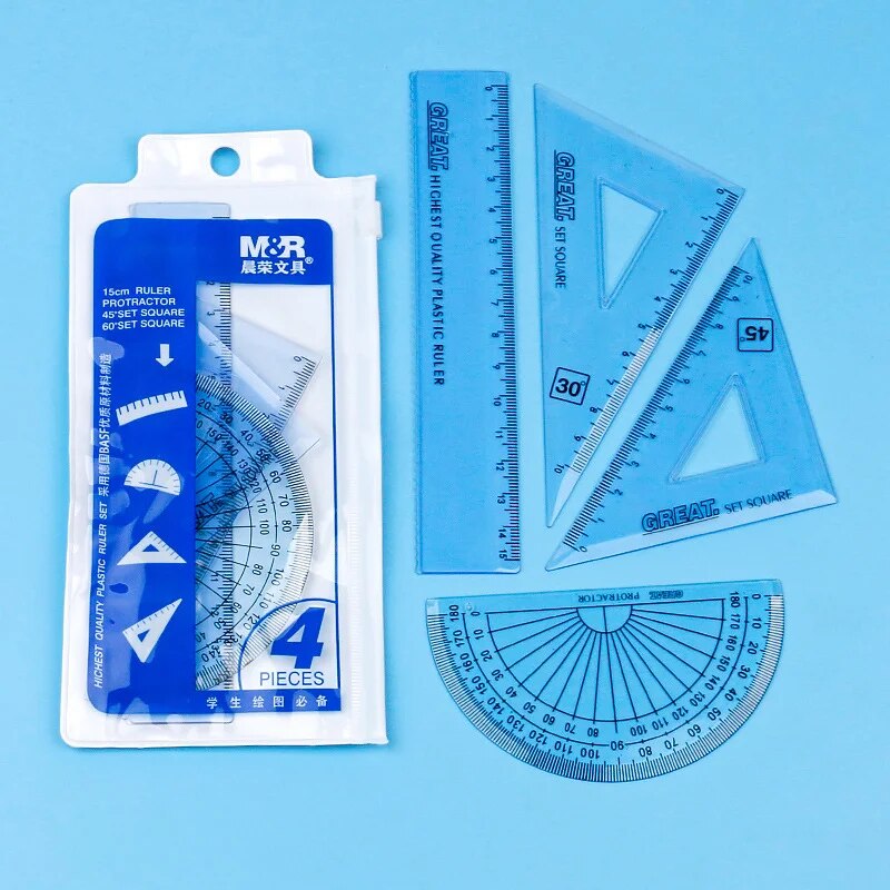 Hot Selling 4 Pcs/Pack Students Maths Geometry Stationery Ruler Set Squares Protractor Supplies