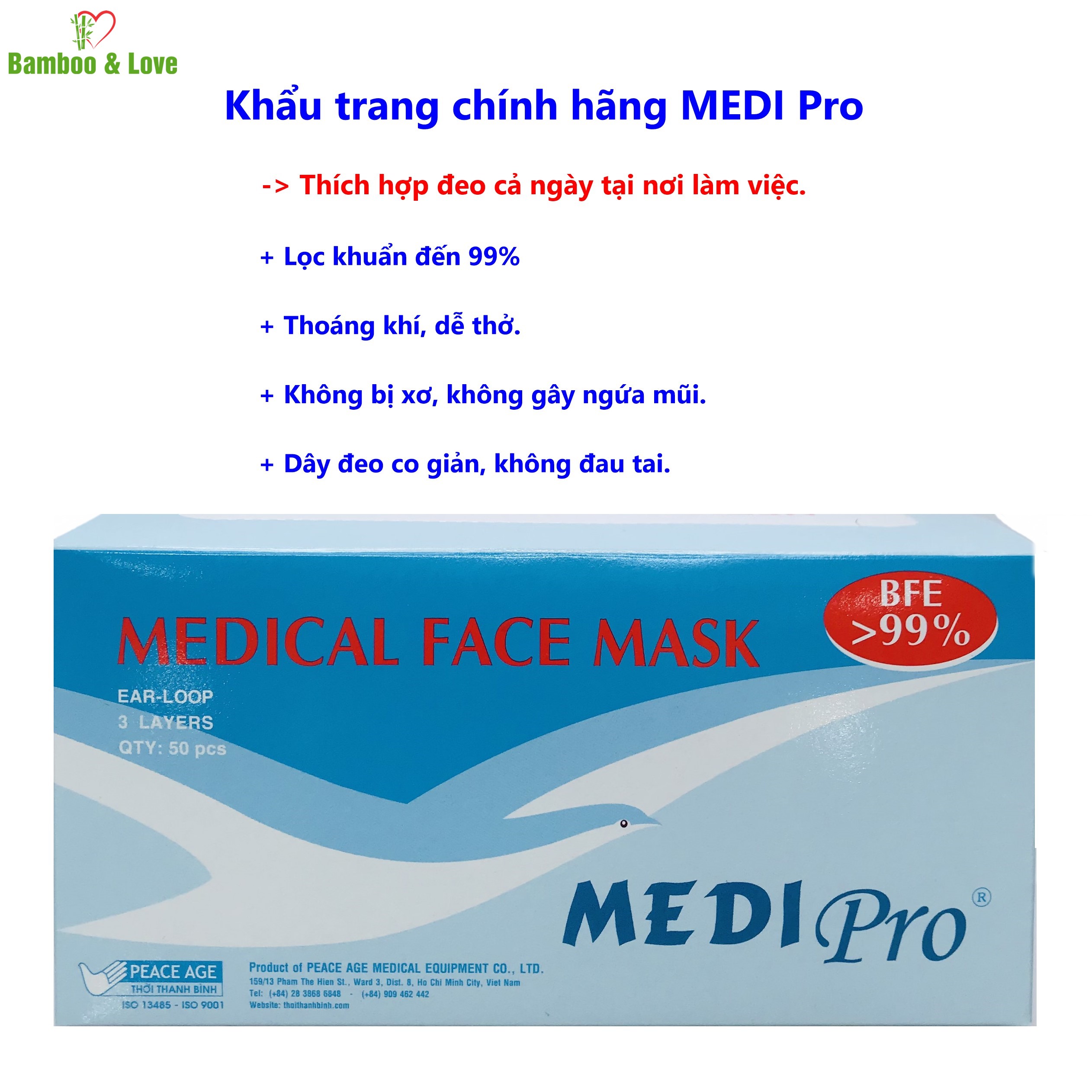 Khẩu trang y tế cao cấp Medi Pro 3 lớp - chính hãng cty Thời Thanh Bình (hộp 50 cái)