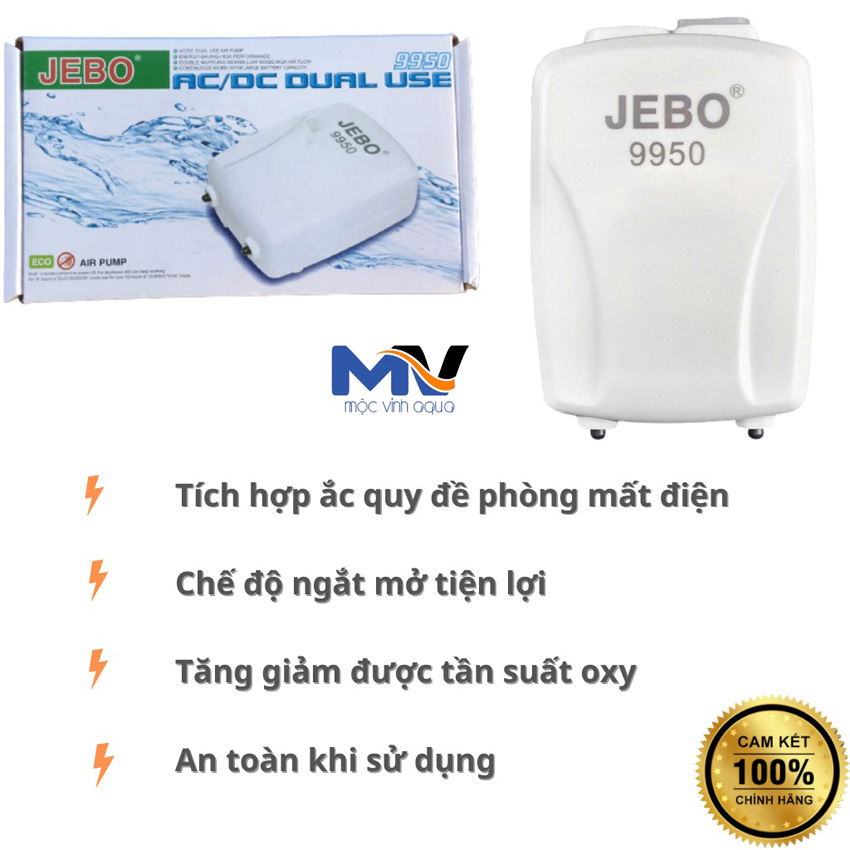 [ Tặng 1m dây và 2 cục sủi ] Máy sủi oxy tích điện Jebo 9950 2 vòi mini siêu êm