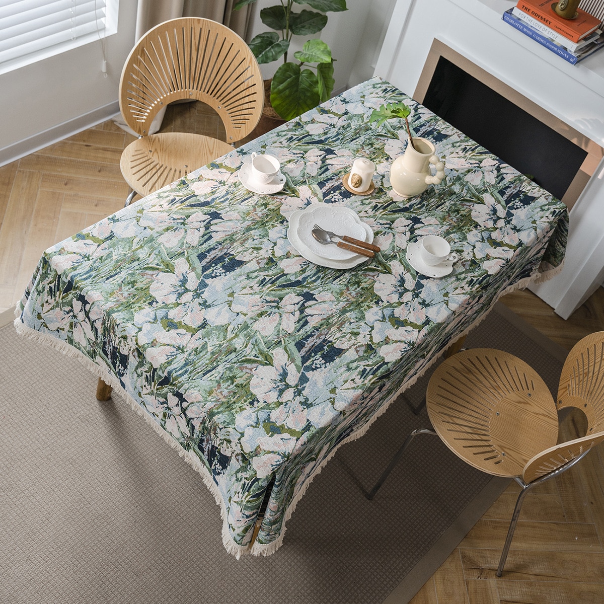 Bohemian Table Cloth Tea Table Decoration Flower/Butterfly Blue Jacquard Dining Tablecloth Rectangle Thick Table Cover For Kitchen Dining Room Party New Year Christmas Holidays Picnic Decoration