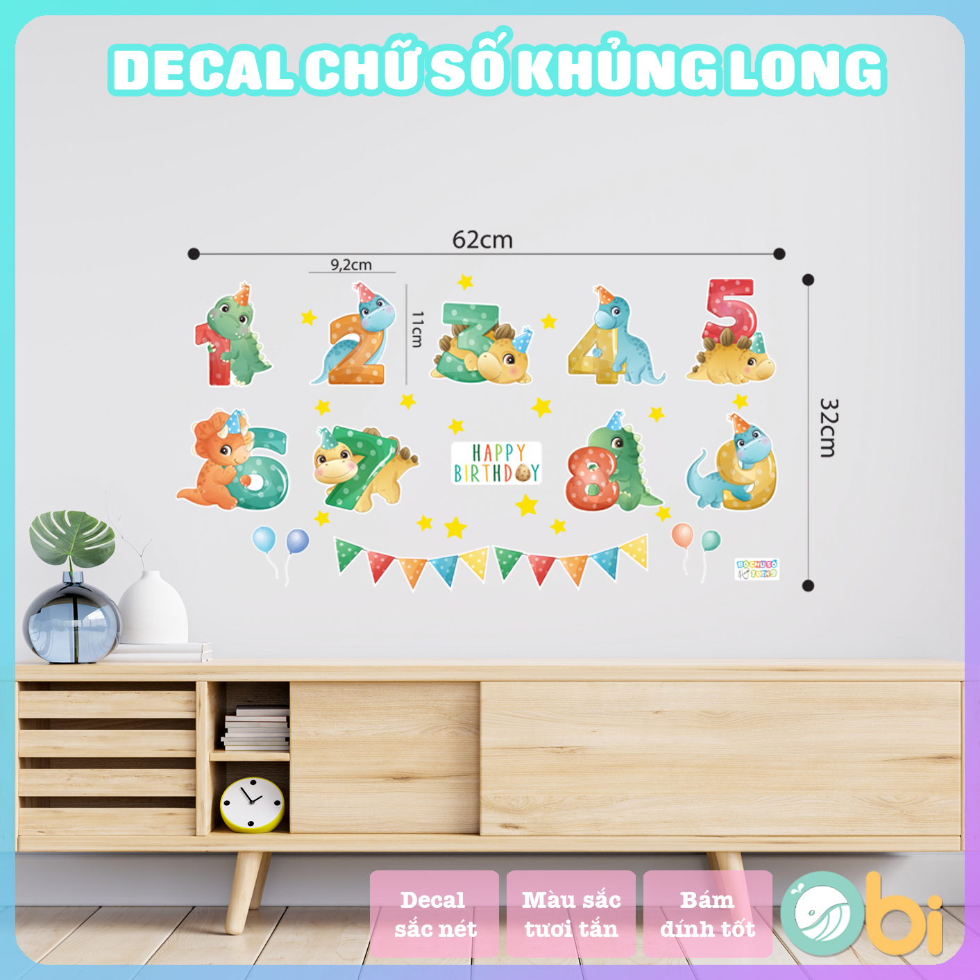 Decal Dán Tường Cho Bé - Bảng Chữ Số Khủng Long Obi
