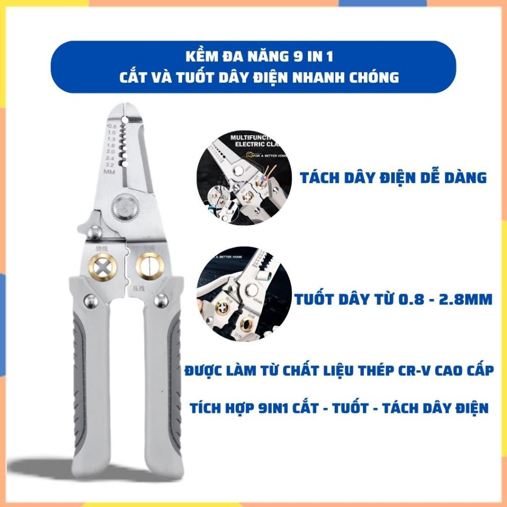 Kìm cắt dây điện đa năng cho thợ điện 9IN1, Kềm tuốt dây điện thép CR-V cao cấp, chắc chắn, đa dụng K240