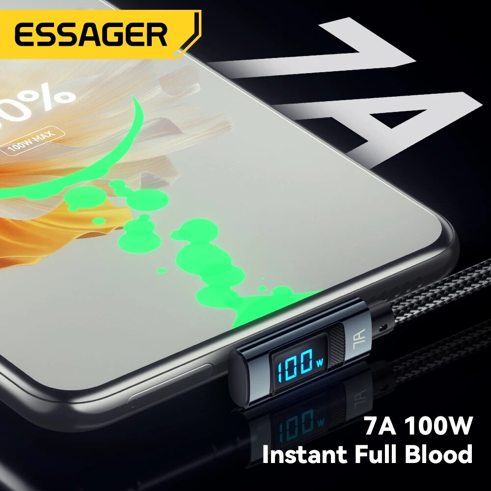 Essager 7A 100W USB C Cáp Sạc Nhanh Màn hình hiển thị kỹ thuật số PD Loại C để Loại C 90 độ khuỷu tay Loại C Cáp cho Huawei mate60 Pro Xiaomi Samsung Vivo dây dữ liệu