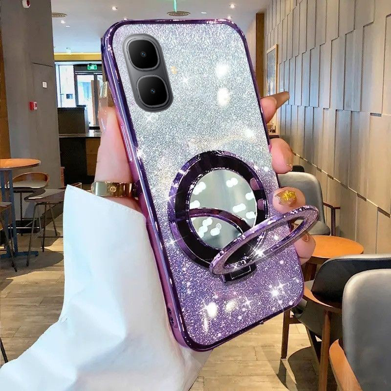 New Phone case infinix Smart10 Plus Back cover with Makeup Mirror Holder Stand Luxury Shiny Gradient Plating Glitter Slim For infinix Smart 10+ case. 
