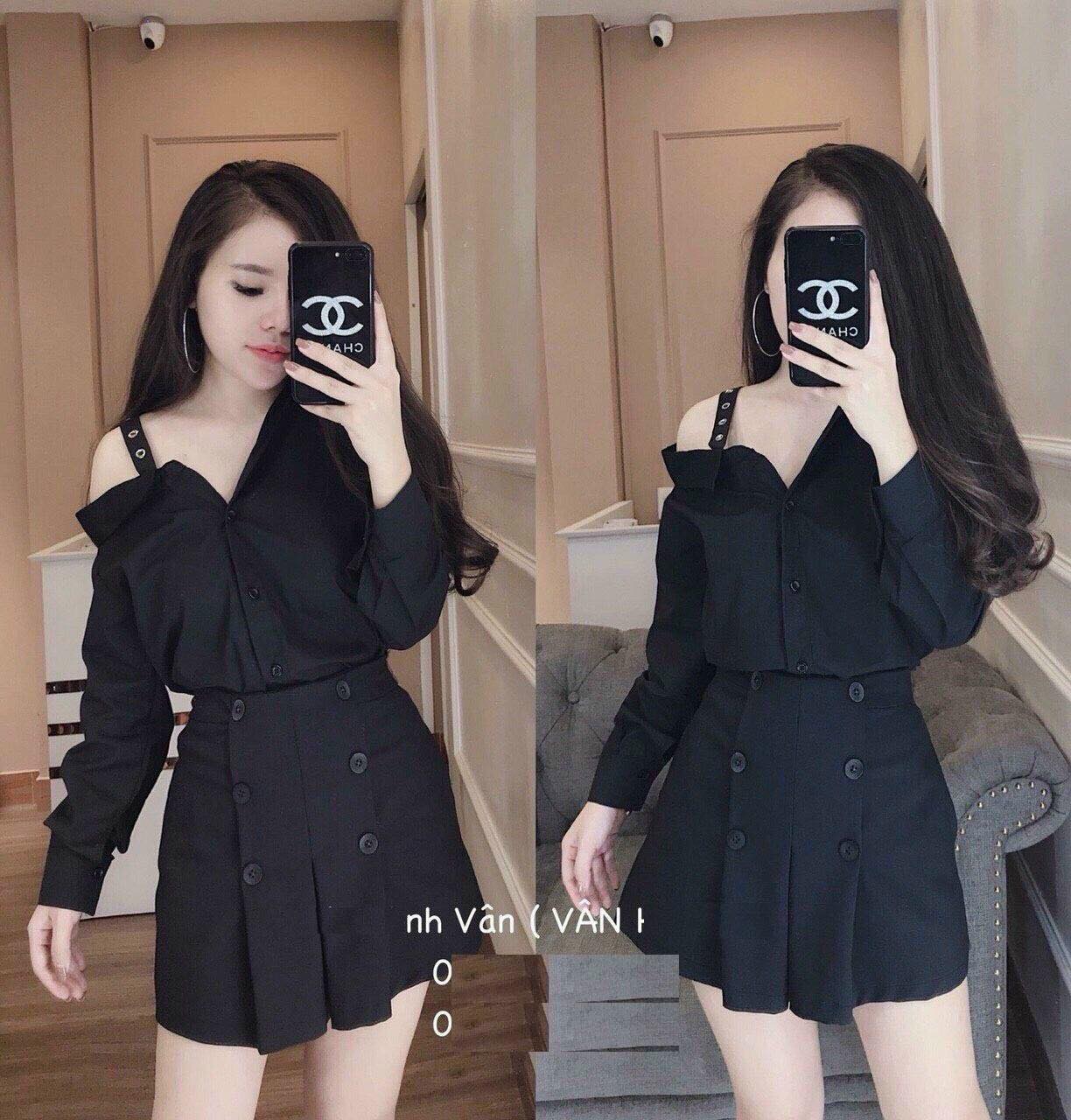 Áo sơmi lệch vai kèm quần váy