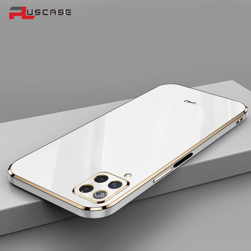 PlusCase for Samsung Galaxy A12 6D Plating Soft Case Lens Protector Square Frame Silicone Glossy Shockproof Phone Back Cover