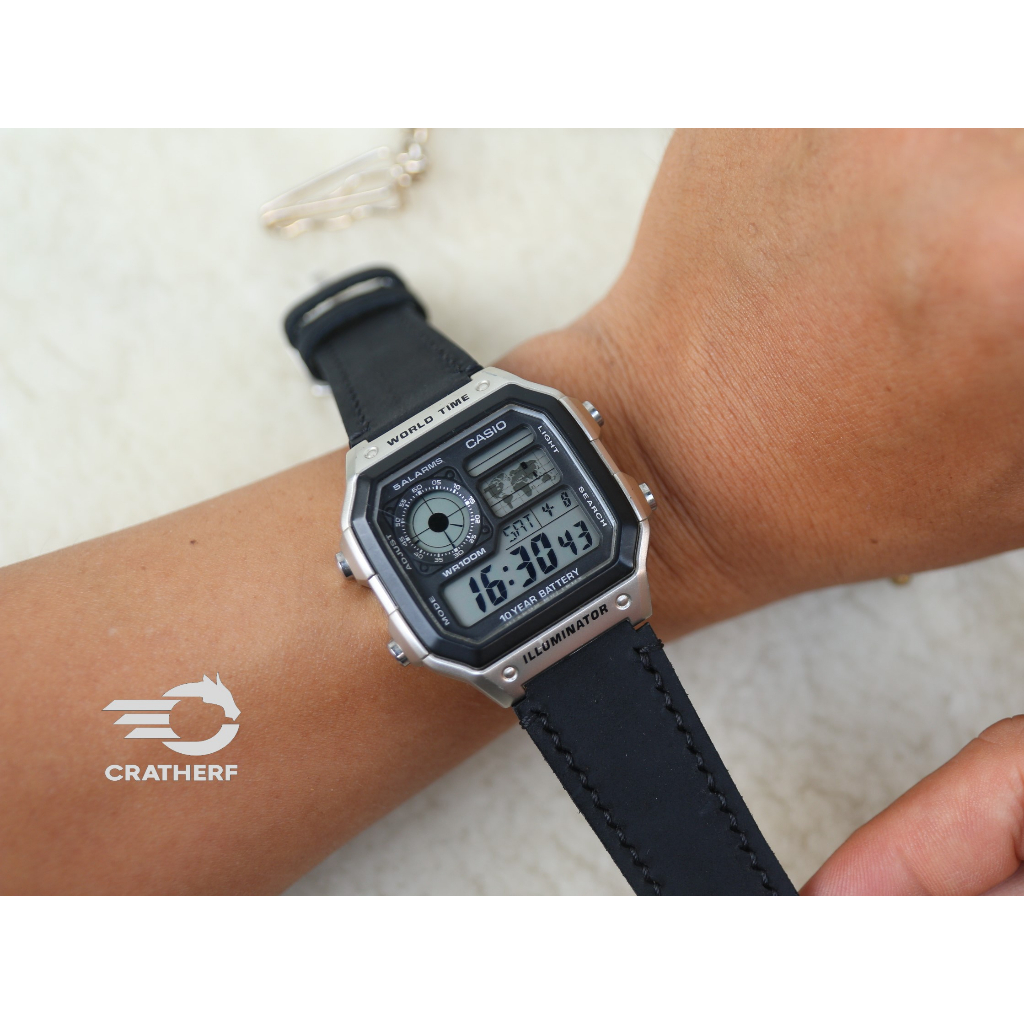 Dây da thay thế đồng hồ Casio AE1200 da bò sáp handmade