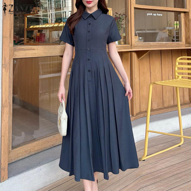 ZANZEA Korean Style Women Elegant Short Sleeve Lapel Dresses A-Line Pleated  Solid Color Midi Dress #1103 | Daraz.lk