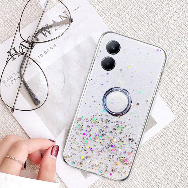 For vivo Y03 Y03T Y18 Y28S Case Shiny Ring Glitter Soft Transparent Holder Stand with Ring Stars Moon Girls For vivo Y03 Y03T Y18 Y28S Back cover Phone Cases.
