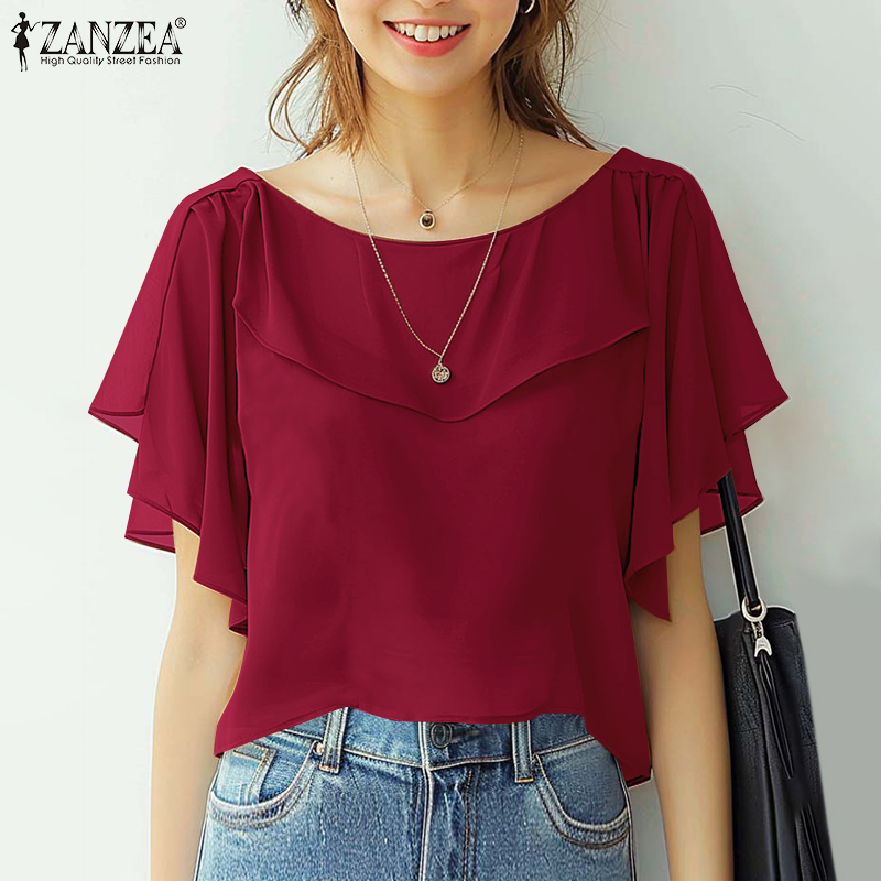 ZANZEA%20Korean%20Style%20Women's%20Blouse%20Elegant%20Ruffle%20Sleeve%20Solid%20Crew%20Neck%20Plain%20Summer%20Pullover%20Top%20-%20Image%202