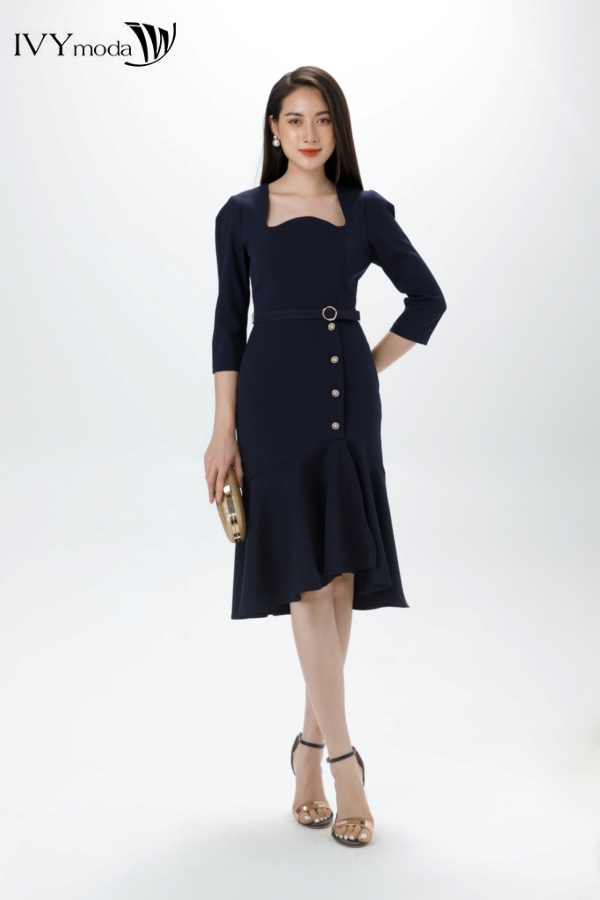 Đầm đuôi cá phối khuy ngọc trai ivy moda ms 48m7088