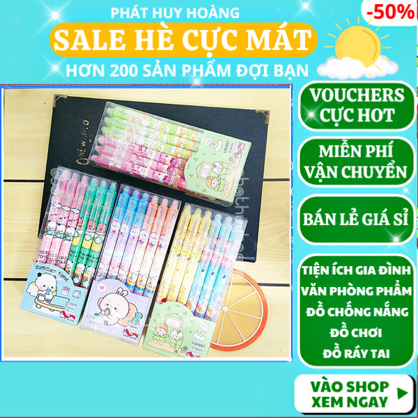 Hộp 12 bút mực bấm xóa được - bút tím xóa được bấm tay dễ sử dụng , mực đẹp - bút mực tím xóa được, bút bi bấm xóa được dạng gel giá rẻ , bút dễ thương phát huy hoàng