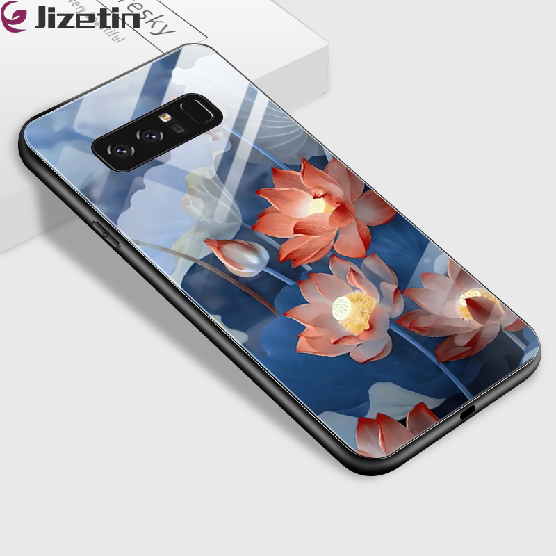 Jizetin Glass Phone Casing For Samsung Galaxy Note 8 Samsung Note 9 Luxury Lotus Flower Design Shockproof Glossy Case Tempered Glass Back Cover Casing