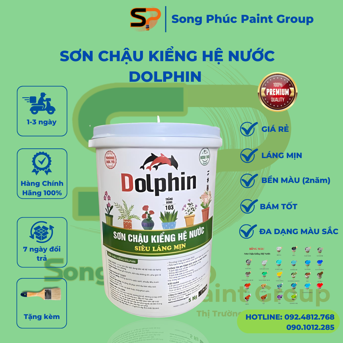 [ Thùng 5Kg,Tặng Kèm Cọ ] Sơn Chậu Kiểng Dolphin Hệ Nước Loại 5kg ( Nhanh Khô, Bền Màu, Láng Mịn )