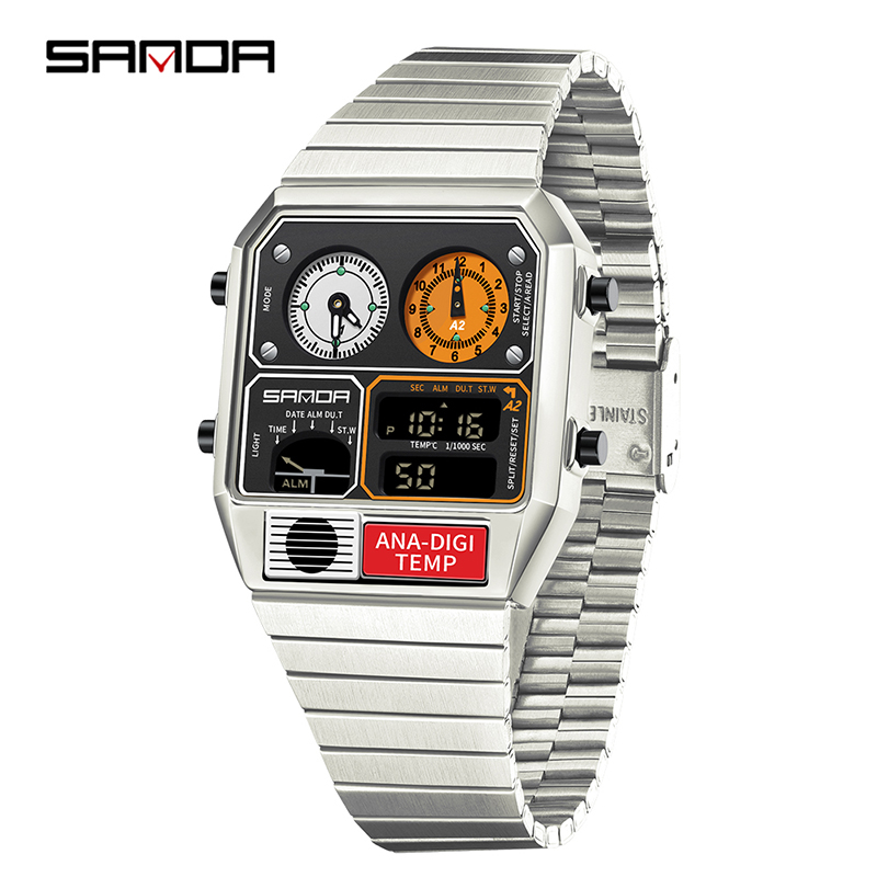Sanda Retro Trendy Punk Dual Display Luminous Waterproof Electronic Quartz Men's Watch SD3192-1.